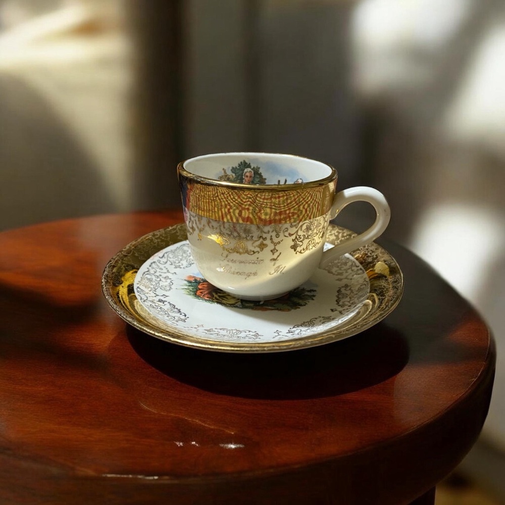 Elegant 22 KT Gold and White Teacup Set Souvenir of Chicago Illinois